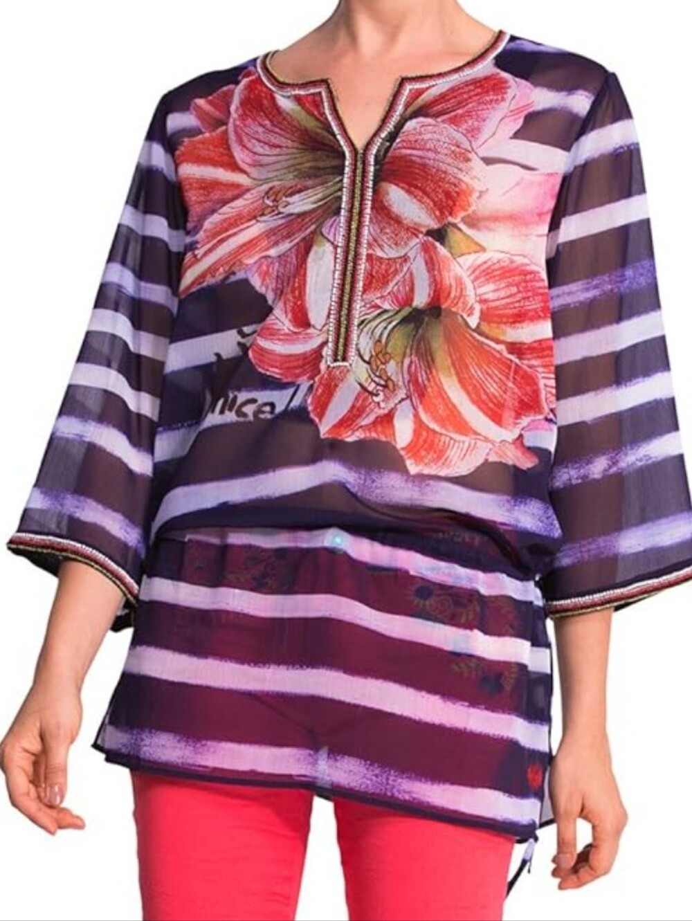 Desigual Sheer Sequin Floral Purple Tunic With Beaded Detail  Drawstring Waist